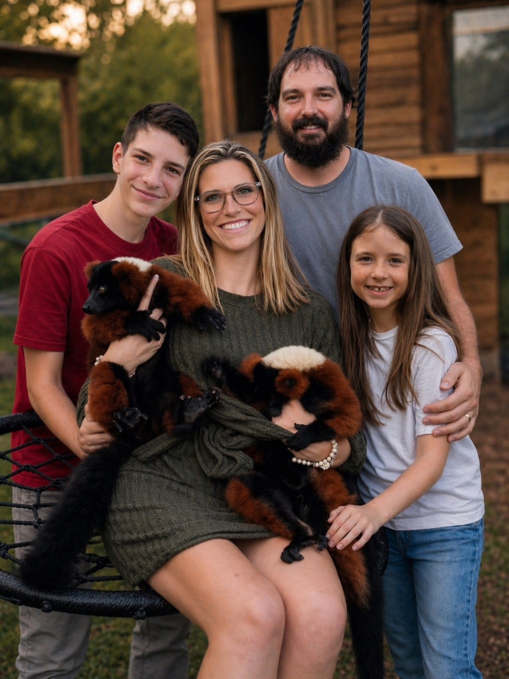 Family of four with two red lemurs in an outdoor setting.